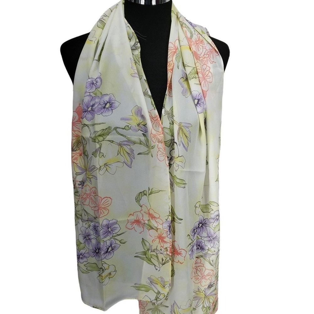 Floral Chiffon Scarf Lavender Peach Yellow Cream Lightweight Long Wrap‎